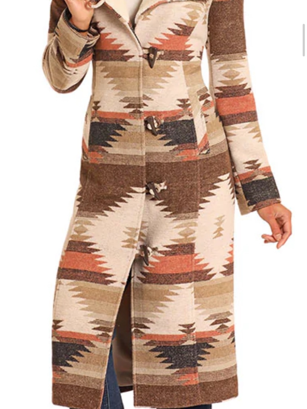 Aztec-Pattern Long Knit Coatigan in Brown & Cream